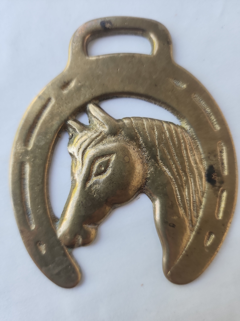 Vintage Horse Head in Horseshoe Brass Bridle Medallion England Equestrian